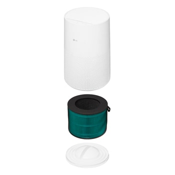 เครื่องฟอกอากาศ LG AeroMini 360˚ สีขาว แสดงภาพรวมผลิตภัณฑ์และดีไซน์ทั้งหมด