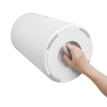 เครื่องฟอกอากาศ LG AeroMini 360˚ สีขาว แสดงภาพรวมผลิตภัณฑ์และดีไซน์ทั้งหมด