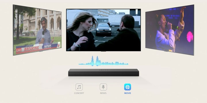 ภาพระยะใกล้ของ LG Soundbar ด้านล่างทีวี LG สัญลักษณ์การเชื่อมต่ออยู่ระหว่าง LG Soundbar และ LG TV ซึ่งแสดงการทำงานไร้สายของ Wireless Soundcast