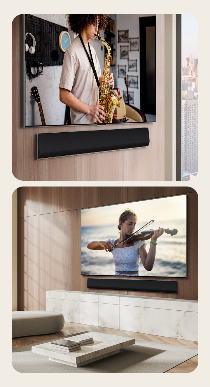An angled perspective of an LG Soundbar and LG TV mounts against the wall, showing a trumpet performance on the screen.