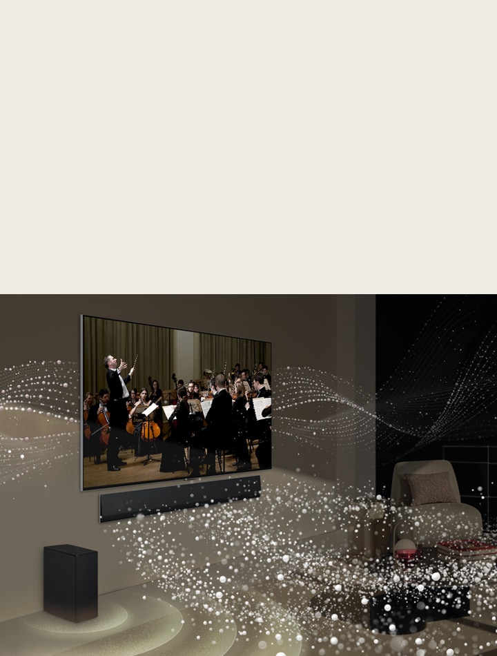 LG Soundbar, LG TV and a subwoofer are in a living room playing a musical performance. White droplets make waves of sound that shoot forward from the soundbar and project from the TV. A subwoofer is creating a sound effect from the bottom.