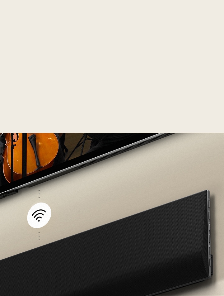 A close up of an LG Soundbar below a LG TV. A connectivity symbol is in between LG Soundbar and a LG TV, showing WOWCAST's wireless operation.