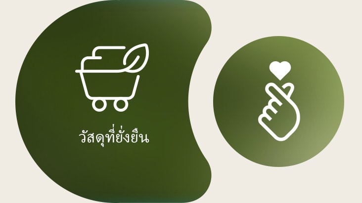 ด้านซ้ายคือไอคอนวัสดุที่ยั่งยืนของ LG พร้อมชื่อแบรนด์ที่เขียนไว้ด้านล่าง ด้านขวาคือไอคอนรูปหัวใจ ESG