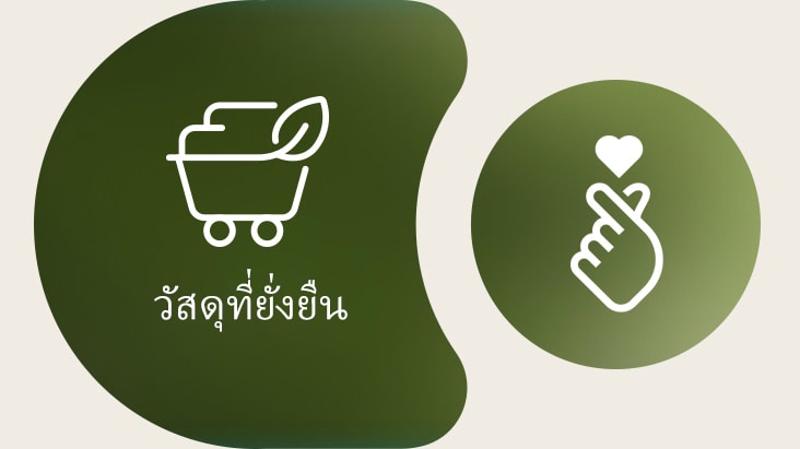 ทางด้านซ้ายแสดงไอคอนวัสดุยั่งยืนของ LG พร้อมชื่อกำกับด้านล่าง ส่วนทางด้านขวาเป็นไอคอน ESG รูปสัญลักษณ์ฟิงเกอร์ฮาร์ต