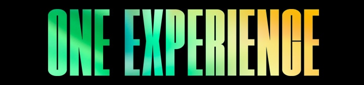 ข้อความหัวข้อ “ONE EXPERIENCE” ในลวดลายไล่เฉดสีเขียวและสีเหลือง ONE EXPERIENCE