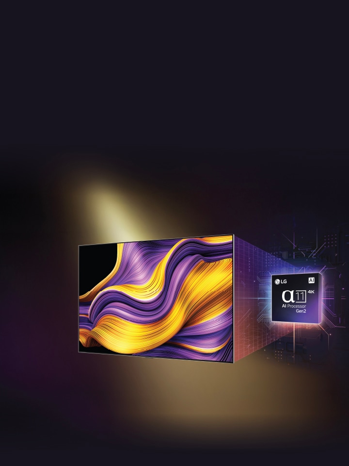 บนหน้าจอของทีวี LG OLED evo AI ปรากฏภาพนามธรรมที่โดดเด่นด้วยรายละเอียด สีสัน และความคมชัดอันน่าประทับใจ ด้านหลังทีวีคือภาพขยายของชิปประมวลผล alpha 11 AI Processor Gen2 ที่ส่องแสงสว่างไสว เผยให้เห็นวงจรไมโครชิปโดยรอบ ข้อความบนหน้าจอเขียนว่า "LG OLED evo AI" พร้อมด้วยข้อความ "ขับเคลื่อนด้วยชิปประมวลผล LG alpha 11 AI Processor Gen2" ที่มองเห็นได้อย่างชัดเจน มุมหนึ่งของภาพมีโลโก้สีทองล้อมรอบด้วยดาว พร้อมข้อความว่า "อันดับ 1 ของโลกด้านทีวี OLED 12 ปีซ้อน