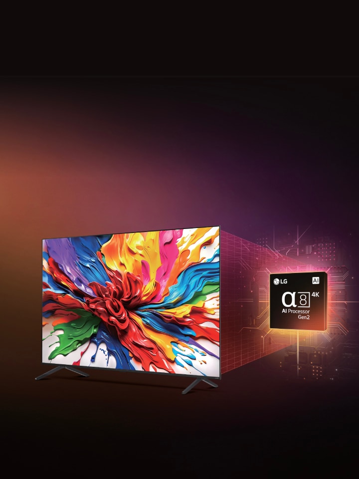 ทีวี LG QNED บนพื้นหลังสีเข้มสีสันสดใส บนหน้าจอมีงานศิลปะที่สดใสและหลากสีสันซึ่งแสดงถึงเทคโนโลยีสีของ QNED และความสามารถในการแสดงเฉดสีในสเปกตรัมกว้างพร้อมความคมชัดที่ยอดเยี่ยม โลโก้ LG QNED evo AI ใหม่ล่าสุด พร้อมคำบรรยายเรียก MiniLED ของ QNED และโปรเซสเซอร์อัลฟ่า AI ใหม่ ชื่อภาพระบุว่า ทุกสีถูกกำหนดใหม่ ประสบการณ์ใหม่เริ่มต้นขึ้น
