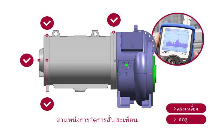 Chiller parts on a white background, tablet screen pops up on the right.