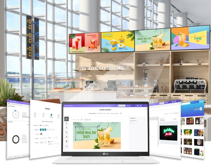 แล็ปท็อปจะแสดงหน้าจอหลัก 5 หน้าจอที่มองเห็นได้บนเว็บไซต์ LG SuperSign Cloud หน้าจอหลักทำหน้าที่เป็นตัวแก้ไขเนื้อหา ช่วยให้ผู้ใช้สามารถสร้างเนื้อหาได้ เมื่อสร้างเนื้อหาแล้ว เนื้อหาดังกล่าวจะถูกส่งต่อไปยังป้ายโฆษณาเพื่อเล่นซ้ำ ดังนั้น ป้ายโฆษณาของร้านกาแฟจึงกำลังเล่นเนื้อหาที่สร้างขึ้นอยู่