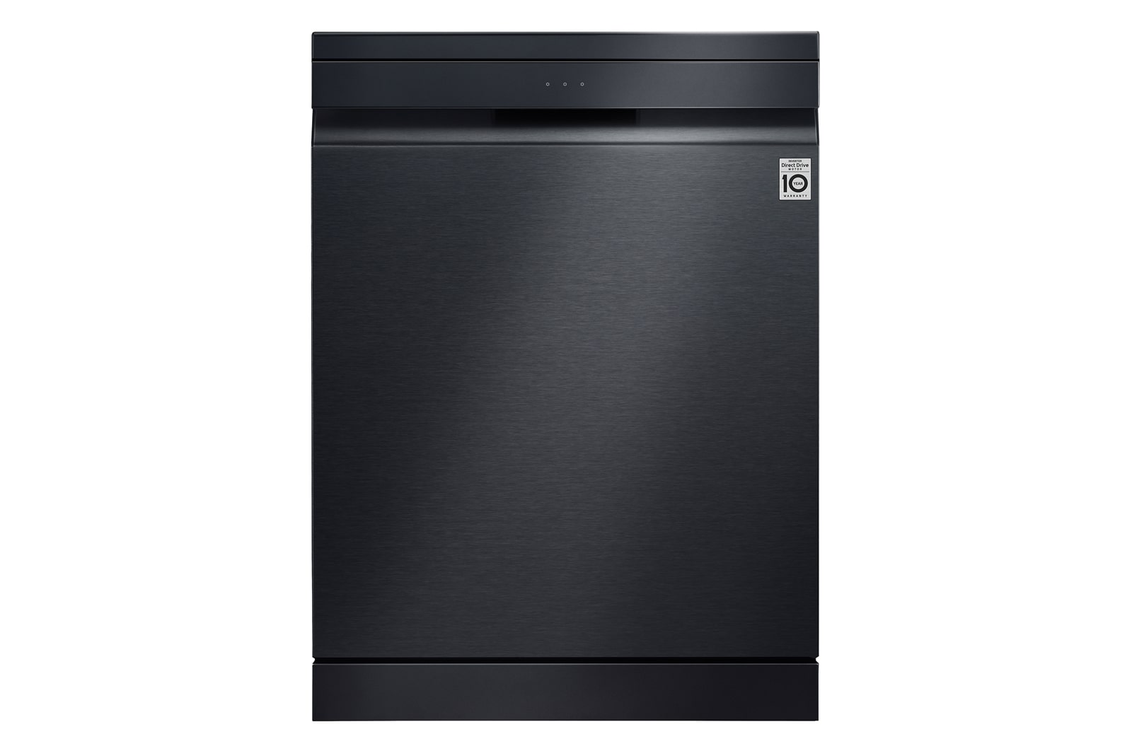 มุมมองด้านหน้าของเครื่องล้างจาน LG DFC335HM สีดำ มีการออกแบบแบบเรียบๆ พร้อมฉลากรับประกัน 10 ปี
