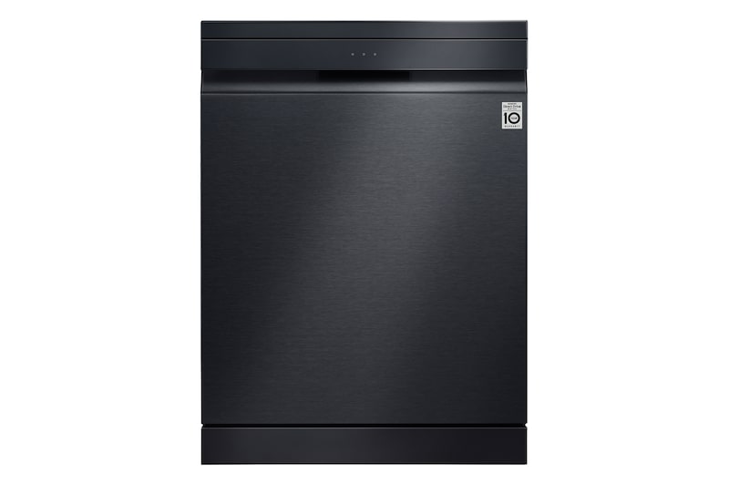 มุมมองด้านหน้าของเครื่องล้างจาน LG DFC335HM สีดำ มีการออกแบบแบบเรียบๆ พร้อมฉลากรับประกัน 10 ปี