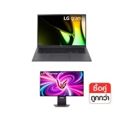มุมมองด้านหน้าของ โน๊ตบุ๊ค 16 นิ้ว LG gram 16 และ จอมอนิเตอร์ 32 นิ้ว 4K รุ่น UltraGear 16Z90S-G.32GS95