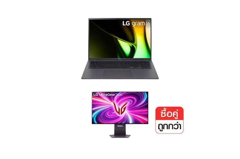 มุมมองด้านหน้าของ โน๊ตบุ๊ค 16 นิ้ว LG gram 16 และ จอมอนิเตอร์ 32 นิ้ว 4K รุ่น UltraGear 16Z90S-G.32GS95