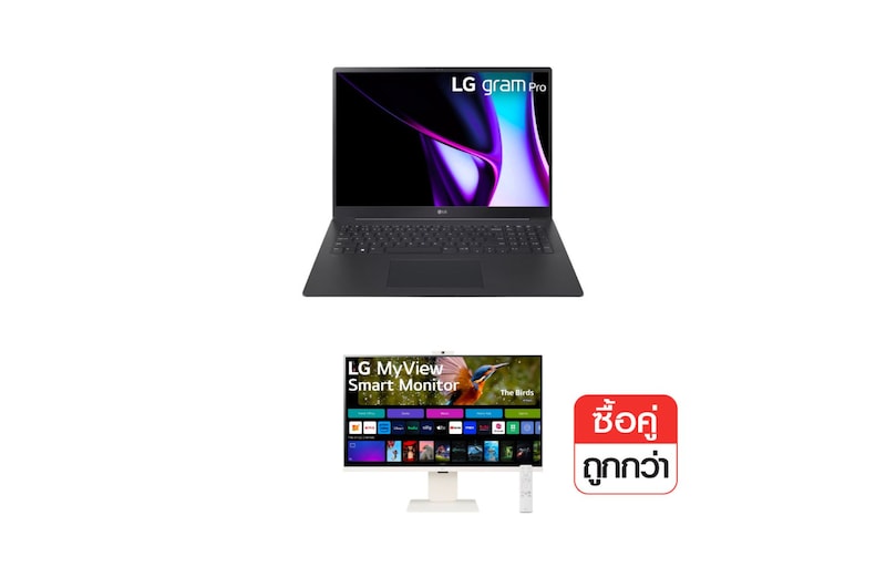 มุมมองด้านหน้าของ โน๊ตบุ๊ค LG gram Pro 16 และ จอมอนิเตอร์ 32” รุ่น 32SR85U-W 16Z90SP-G.32SR85U