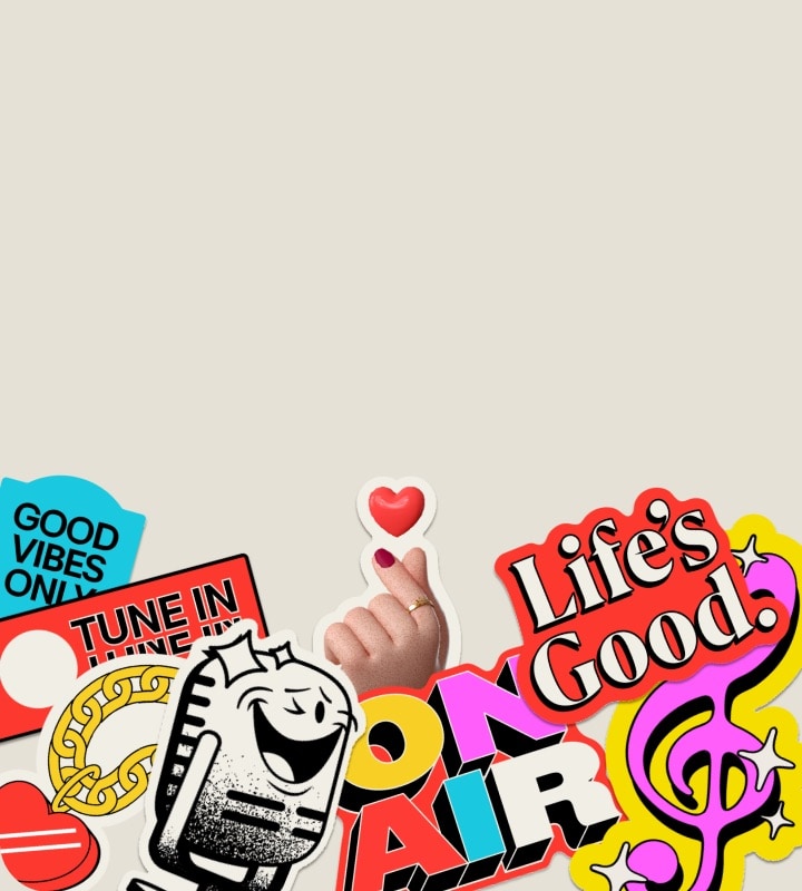 ทางด้านขวาของแบนเนอร์มีไอคอนต่างๆ ที่เกี่ยวข้องกับ Radio Optimism และ Life's Good ส่วนทางด้านซ้ายของแบนเนอร์มีไอคอนต่างๆ ที่เกี่ยวข้องกับ Radio Optimism และ Life's Good