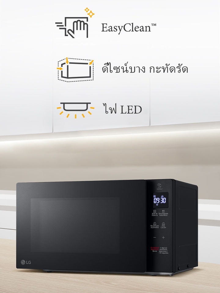 'ไมโครเวฟในห้องครัวและไอคอนที่แสดงถึงคุณสมบัติหลักสามประการ