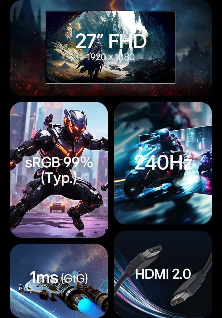 ภาพกราฟิกโปรโมตที่เน้นย้ำคุณสมบัติหลักของจอภาพ LG UltraGear 27G440A ได้แก่ จอแสดงผล FHD ขนาด 27 นิ้ว (1920x1080) ครอบคลุมสี sRGB 99% (ทั่วไป) อัตราการรีเฟรช 240Hz เวลาตอบสนอง 1ms (GtG) และการเชื่อมต่อ HDMI 2.0