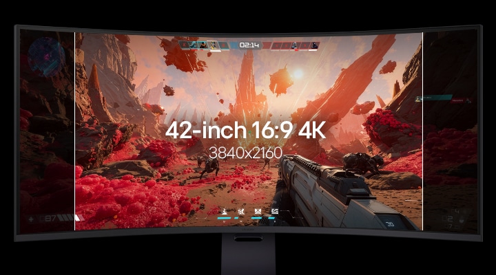 This animated monitor shows the display growing from 16:9 UHD 4K to 52-inch 21:9 UltraWide 5K2K big gaming monitor with various gaming genres.
