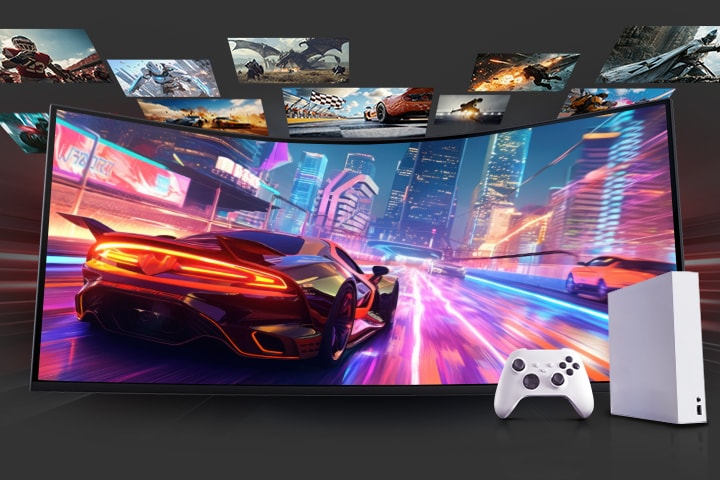 A curved gaming monitor shows a racing game with a red supercar in a neon-lit city. Other game scenes float around the screen. A white console controller is placed in front, highlighting console play.