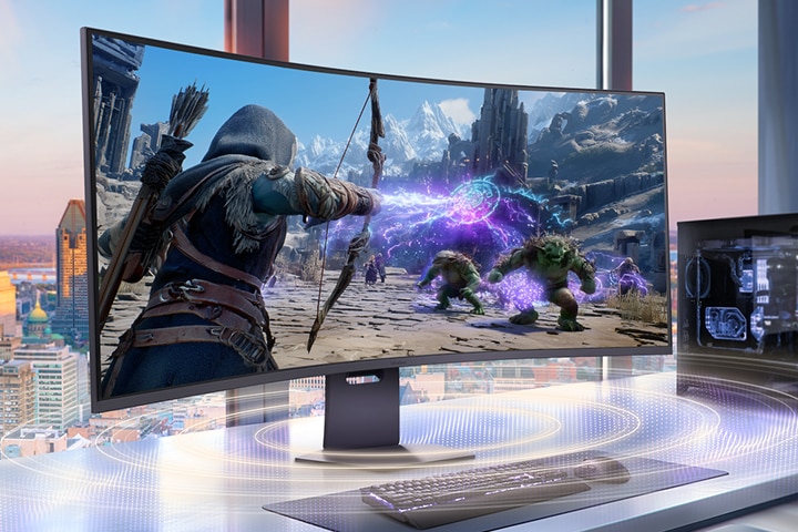 A gaming monitor displaying a RPG game scene shows sound waves coming from the bottom of the monitor with 10W x2 stereo sound.