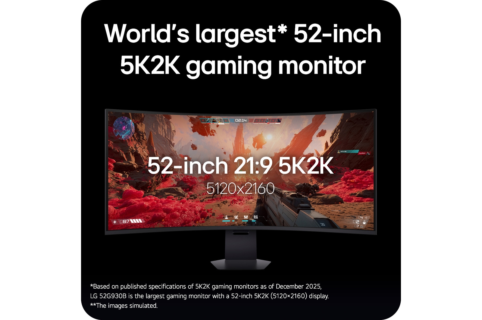 Front view of a 52-inch UltraGear evo G9, 5K2K 240Hz Gaming Monitor with the stand down position (52G930B)