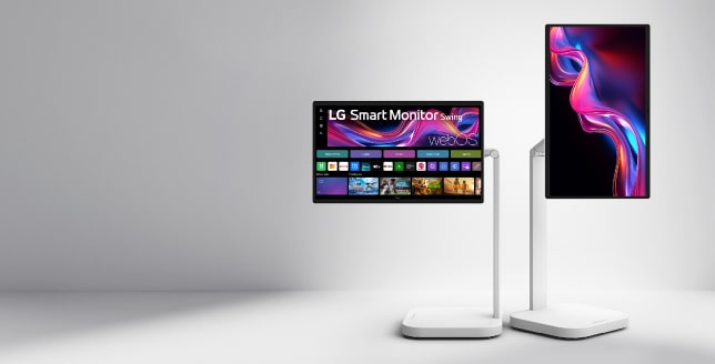 มอนิเตอร์ LG Swing 2 เครื่อง พร้อมแสดงการ Pivot ปรับมุมมองการใช้งานทั้งแนวนอนและแนวตั้ง