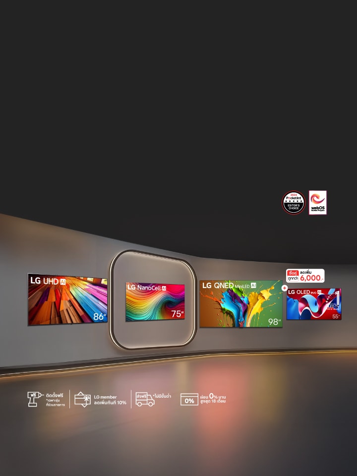 ทีวี LG 4 เครื่องจัดแสดงบนกำแพงในรูปแบบคล้ายคลึงกับพิพิธภัณฑ์ พร้อมป้ายระบุว่าซื้อคู่ถูกกว่า 6,000