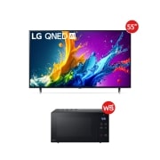 มุมมองด้านหน้าของ LG QNED TV, QNED85 พร้อมข้อความของ LG QNED, 2024 และโลโก้โปรแกรม webOS Re:New บนหน้าจอ