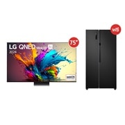 มุมมองด้านหน้าของ 75” QNED รุ่น 75QNED91TSA ฟรี ตู้เย็น Side-by-Side รุ่น GC-B187JBAM 75QNED91TSA.B187