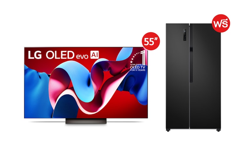 มุมมองด้านหน้าของ 55” OLED evo รุ่น OLED55C4PSA ฟรี ตู้เย็น Side-by-Side รุ่น GC-B187JBAM OLED55C4PSA.B187