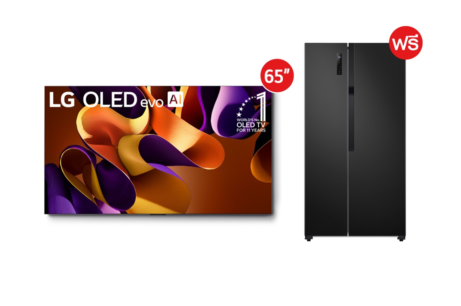 มุมมองด้านหน้าของ 65” OLED evo รุ่น OLED65G4PSA ฟรี ตู้เย็น Side-by-Side รุ่น GC-B187JBAM OLED65G4PSA.B187