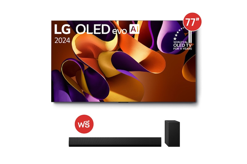 มุมมองด้านหน้าของ 77” OLED evo รุ่น OLED77G4PSA ฟรี ลำโพง SoundBar รุ่น SG10TY OLED77G4PSA.SG10