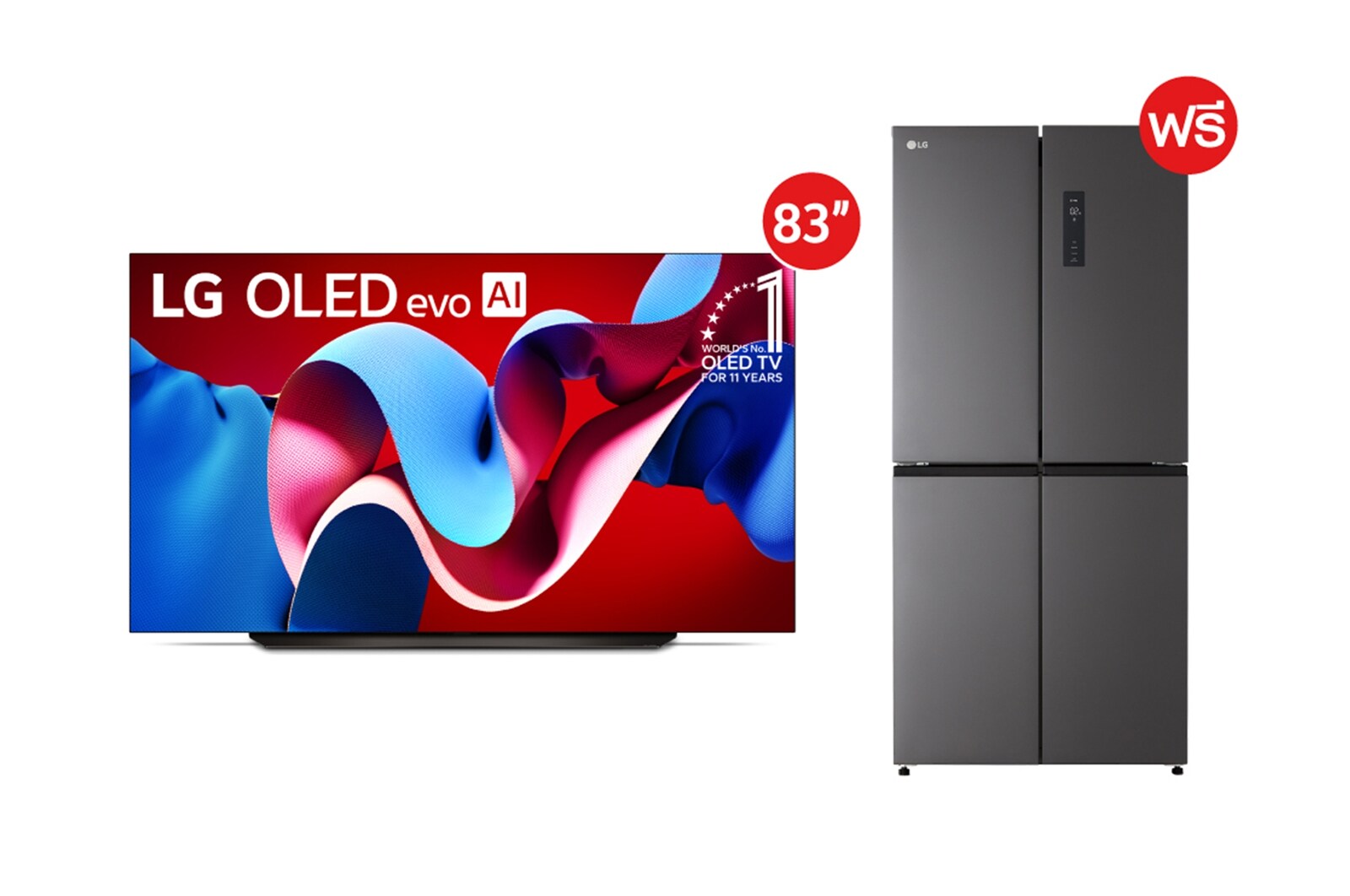 มุมมองด้านหน้าของ LG OLED evo AI TV, OLED C4, สัญลักษณ์ 11 ปีแห่งการเป็น OLED อันดับ 1 ของโลก และโลโก้โปรแกรม webOS Re:New บนหน้าจอ