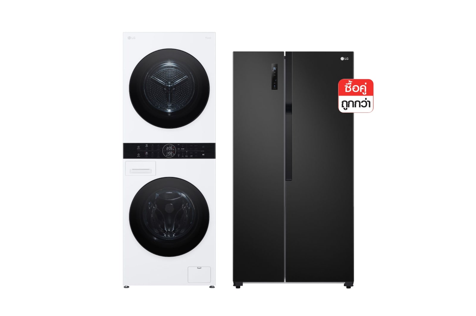 มุมมองด้านหน้าของ Wash Tower ซักผ้า 14 กก./ อบผ้า 10 กก รุ่น WT1410NHW และ ตู้เย็น Side-by-Side ขนาด 18.3 คิว รุ่น GC-B187JBAM WT1410NHW.B187