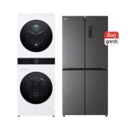 มุมมองด้านหน้าของ Wash Tower ซักผ้า 14 กก./ อบผ้า 10 กก รุ่น WT1410NHW และ ตู้เย็น Multi-Door รุ่น GC-F20FFBFB WT1410NHW.F20