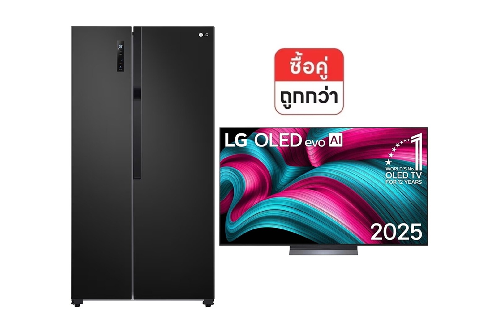 มุมมองด้านหน้าของ ทีวี 77" OLED77C5PSA และ ตู้เย็น Side-by-Side GC-B187JBAM OLED77C5.B187