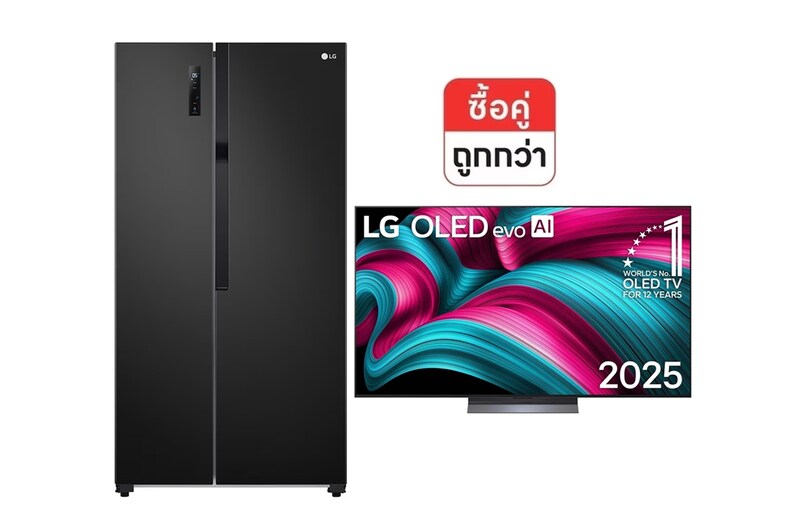 มุมมองด้านหน้าของ ทีวี 77" OLED77C5PSA และ ตู้เย็น Side-by-Side GC-B187JBAM OLED77C5.B187