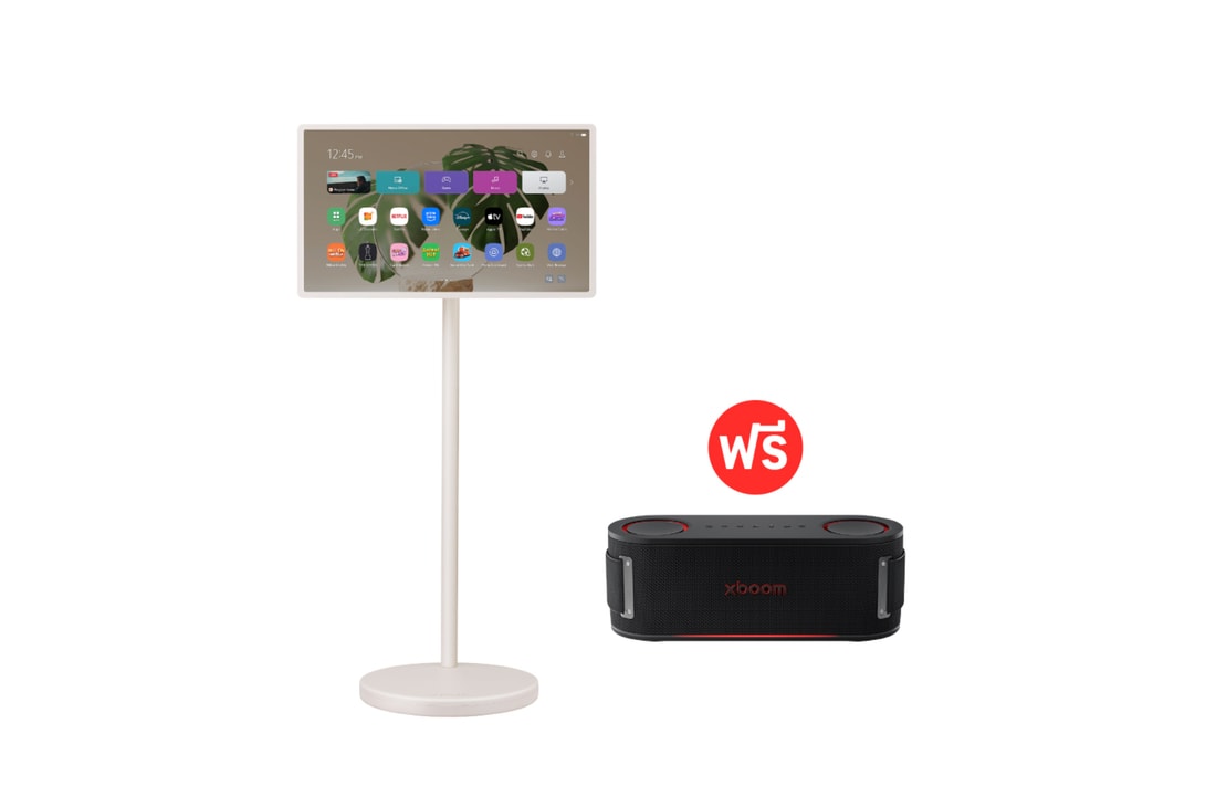 มุมมองด้านหน้าของ LG StanbyME 2 และ ลำโพงพกพา LG xboom Bounce 27LX6TDGA.BOUNCE