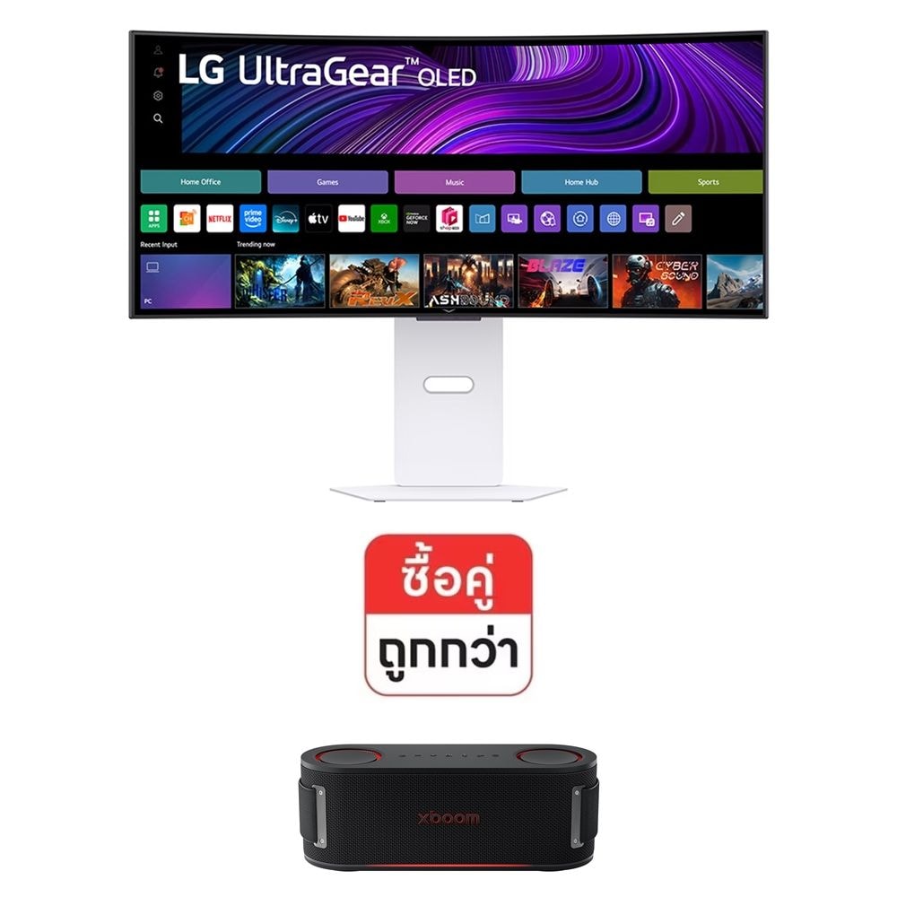 มุมมองด้านหน้าของ LG UltraGear™ 34" OLED Curved 34GX90SA-W และ ลำโพงพกพา LG xboom Bounce 34GX90SA.BOUNCE