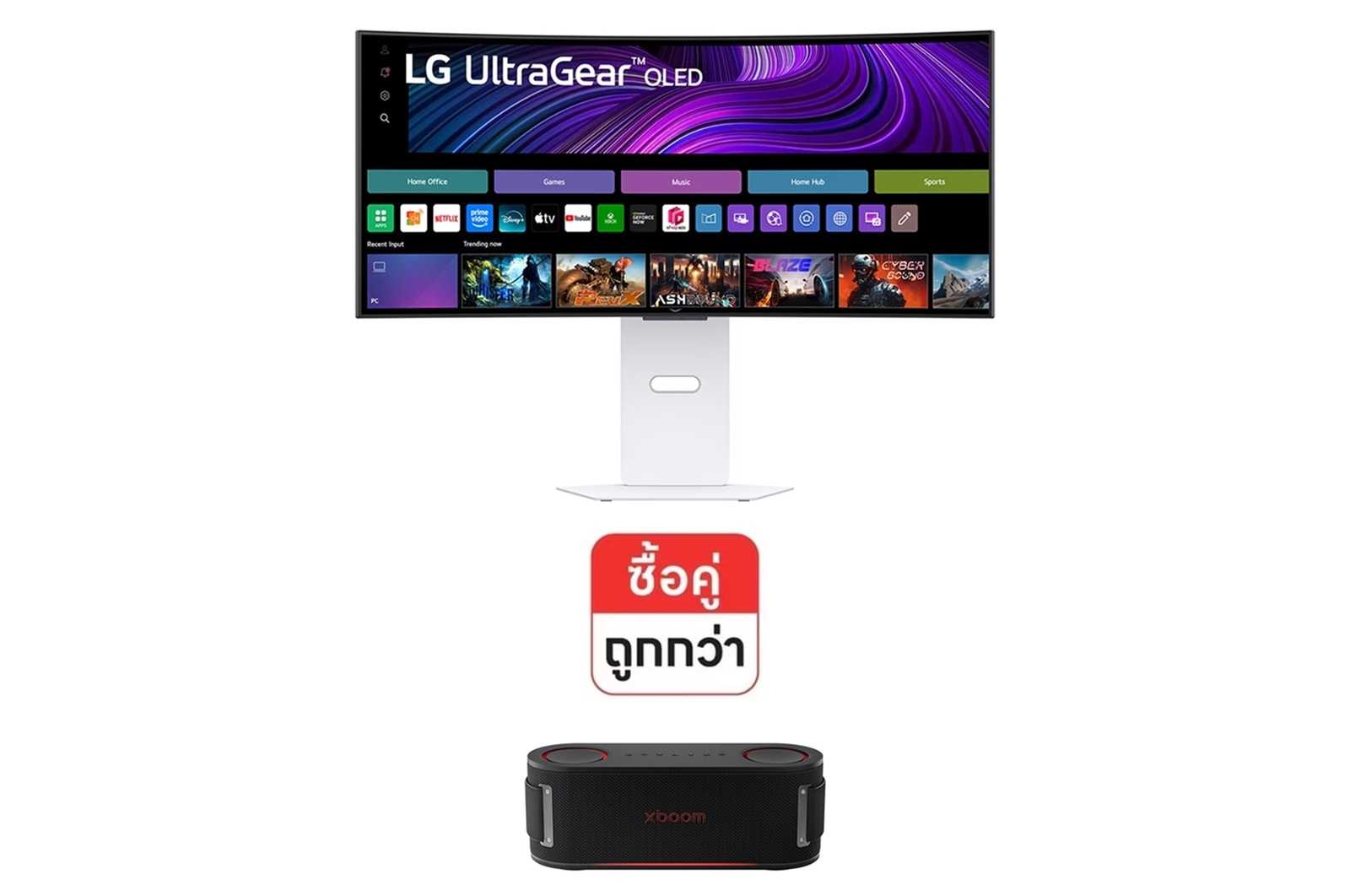 มุมมองด้านหน้าของ LG UltraGear™ 34" OLED Curved 34GX90SA-W และ ลำโพงพกพา LG xboom Bounce 34GX90SA.BOUNCE