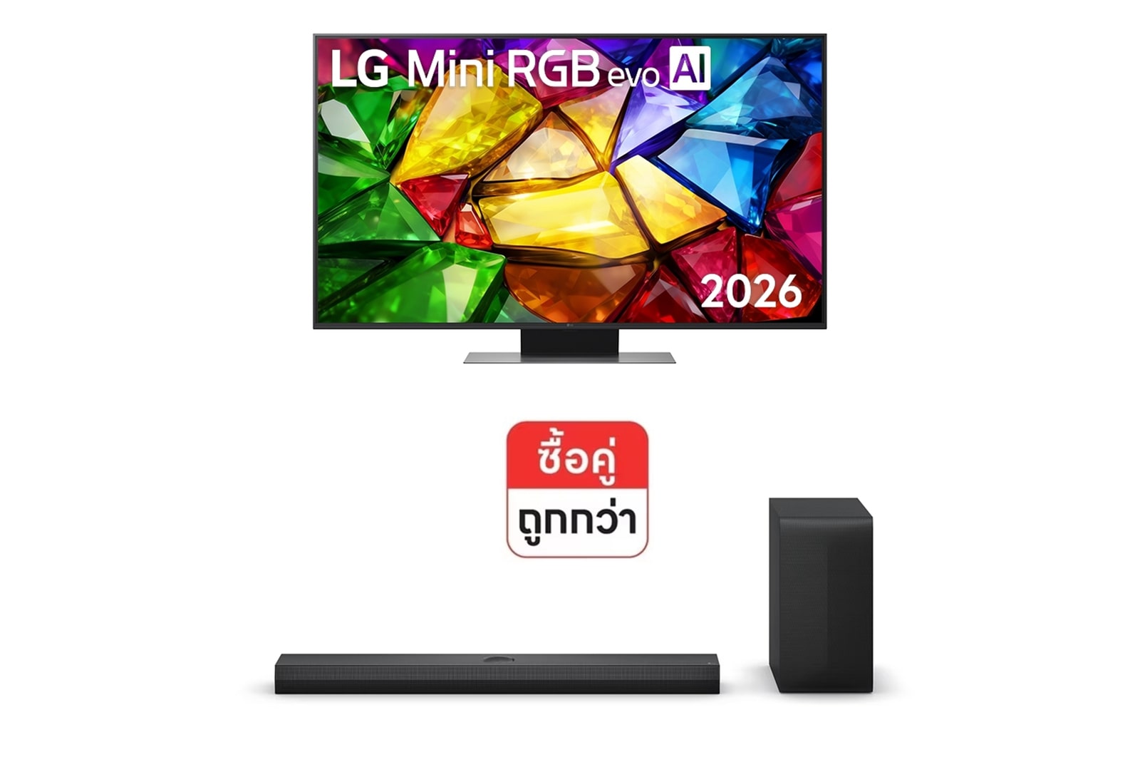 มุมมองด้านหน้าของ ทีวี 55" LG Mini RGB evo AI MRGB86 รุ่น 55MRGB86BSA และ SoundBar รุ่น S70TY 55MRGB86.S70TY