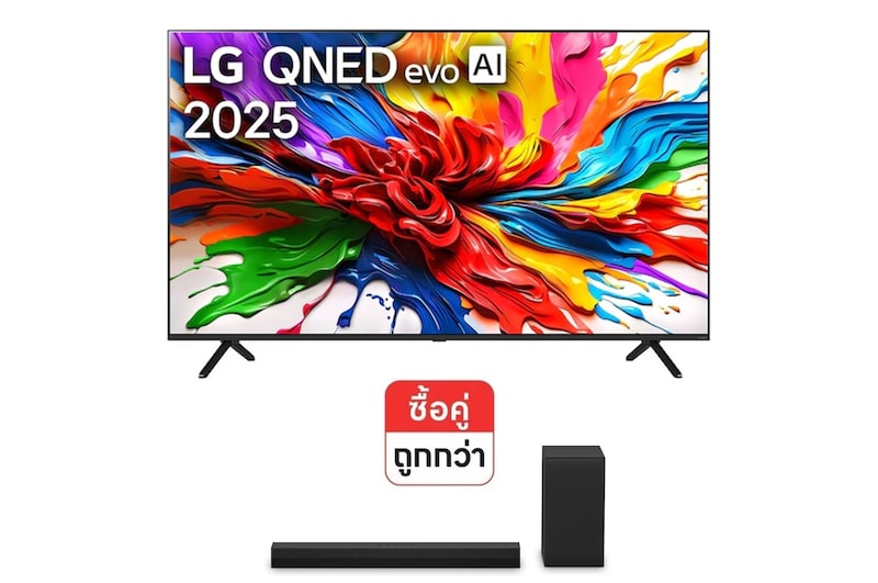 มุมมองด้านหน้าของ ทีวี 65" LG QNED evo 65QNED92ASA และ Soundbar S40T 65QNED92ASA.S40T