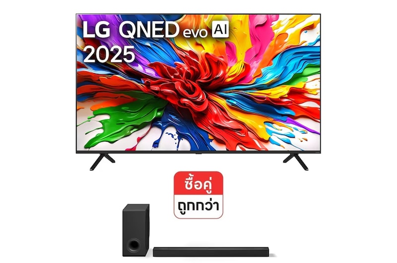 มุมมองด้านหน้าของ ทีวี 65" LG QNED evo 65QNED92ASA และ Soundbar S80TY 65QNED92ASA.S80TY