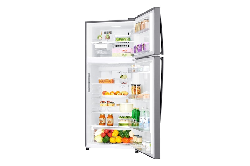 มุมมองด้านหน้าเยื้องไปทางขวา แบบเปิดประตู 2 บานของตู้เย็น LG GN-C702HQCM