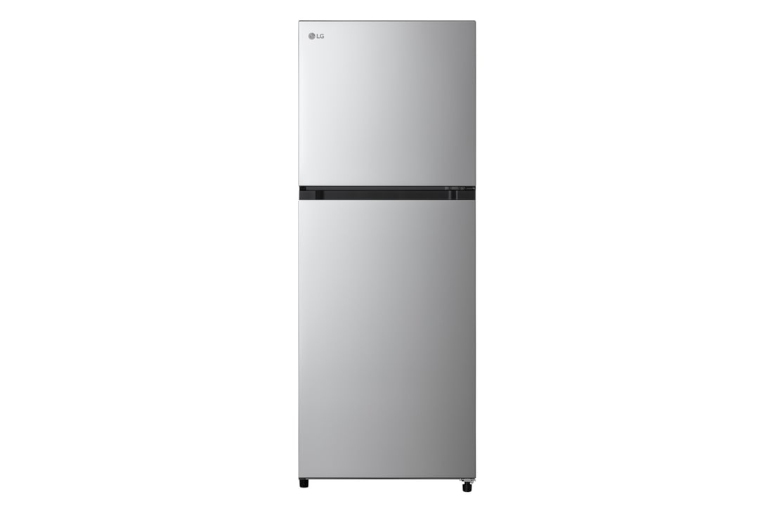 มุมมองด้านหน้าของตู้เย็น 7.2 คิวแบบสองประตูของ LG รุ่น GC-B202MQBR ดีไซน์เรียบง่าย สีเงิน มีโลโก้ LG ด้านซ้ายบน