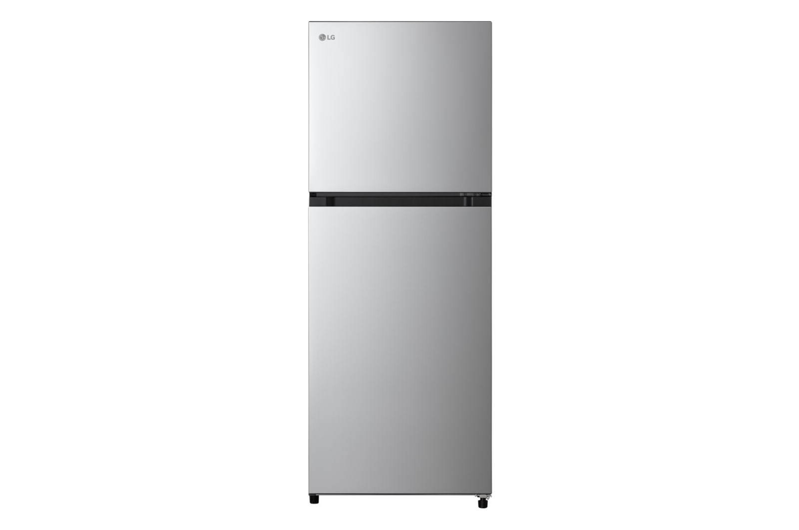 มุมมองด้านหน้าของตู้เย็น 7.2 คิวแบบสองประตูของ LG รุ่น GC-B202MQBR ดีไซน์เรียบง่าย สีเงิน มีโลโก้ LG ด้านซ้ายบน