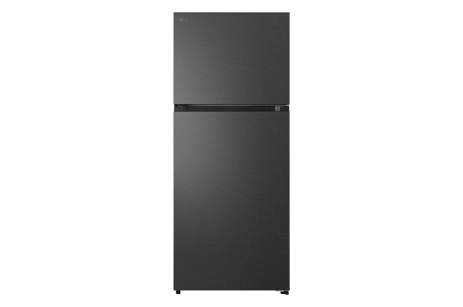มุมมองด้านหน้าของตู้เย็น LG 2 ประตู ขนาด 15 คิว รุ่น GC-B422MBBM ดีไซน์เรียบง่าย พร้อมโลโก้ LG มุมซ้ายบน