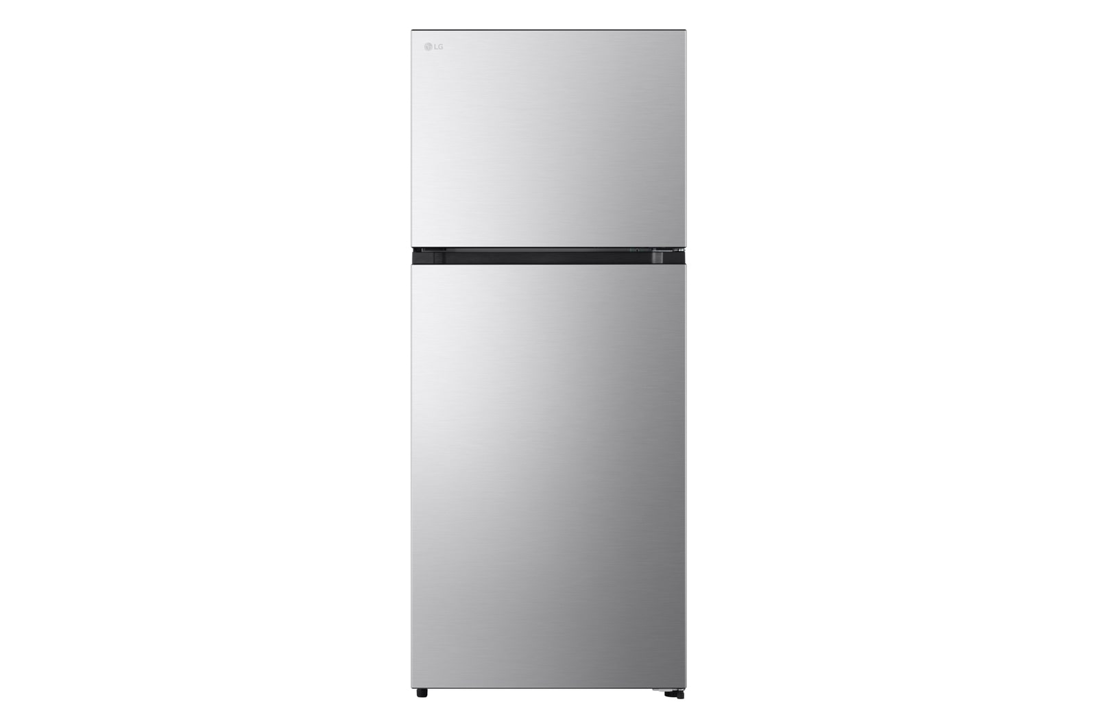 มุมมองด้านหน้าของตู้เย็น LG 2 ประตู ขนาด 15 คิว รุ่น GC-B422MQBM ดีไซน์เรียบง่าย พร้อมโลโก้ LG มุมซ้ายบน