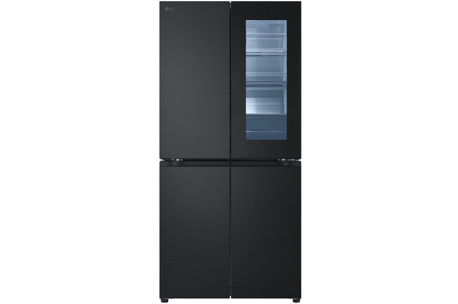 มุมด้านหน้าของตู้เย็น Multi-Door ขนาด 18.7 คิว รุ่น InstaView GC-V22FFQMB สามารถเคาะกระจก 2 ครั้งเพื่อดูของข้างในได้