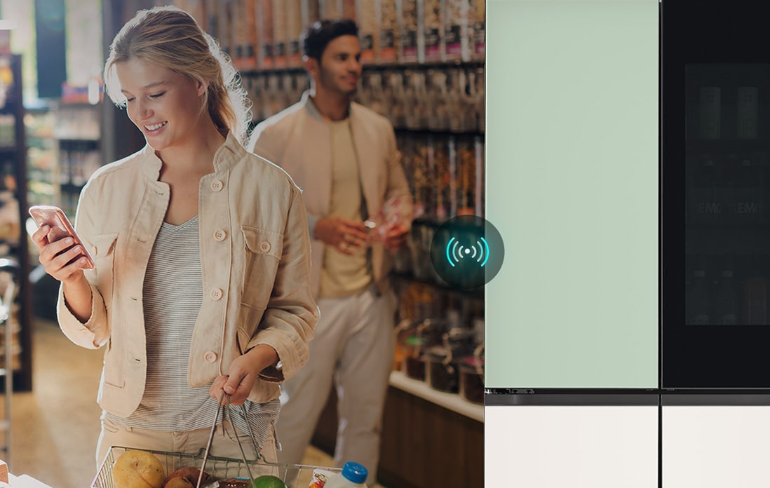 Image on the left shows a woman standing in a grocery store looking at her phone. Image on the right shows the Next4 refrigerator front view. In the center of the images is an icon to show connectivity between the phone and refrigerator.